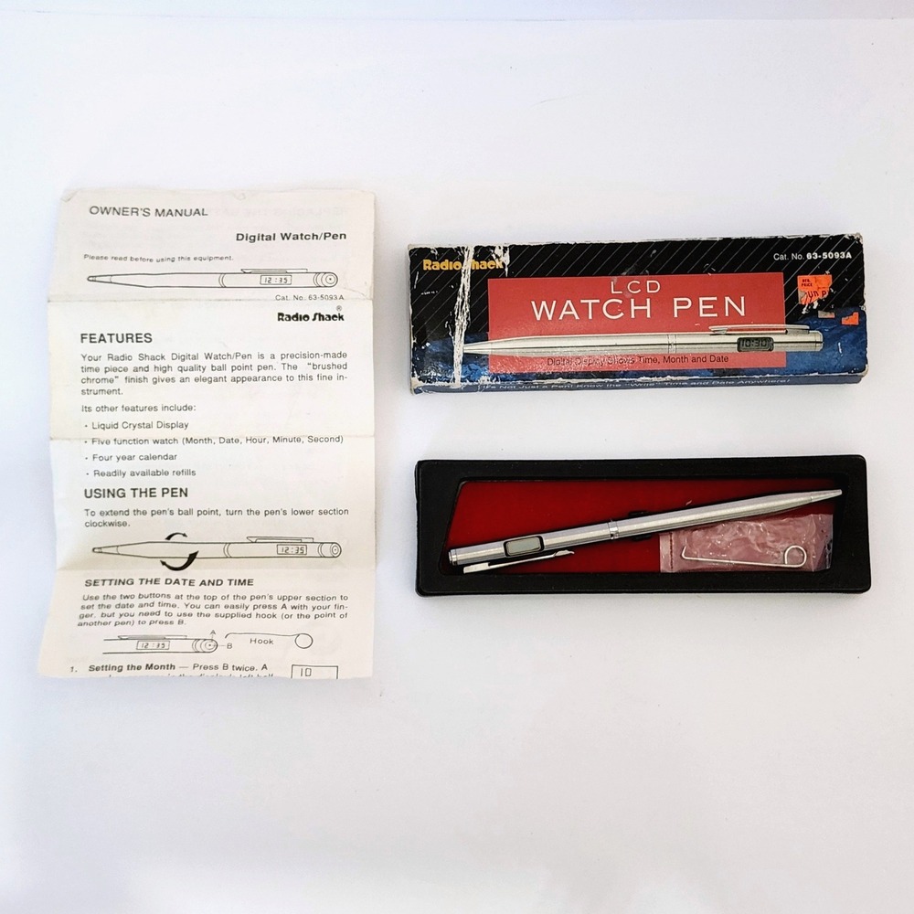 Vintage 1995 Radio Shack LCD Watch Pen UNTESTED 63-5093A‎ Chrome Digital Display